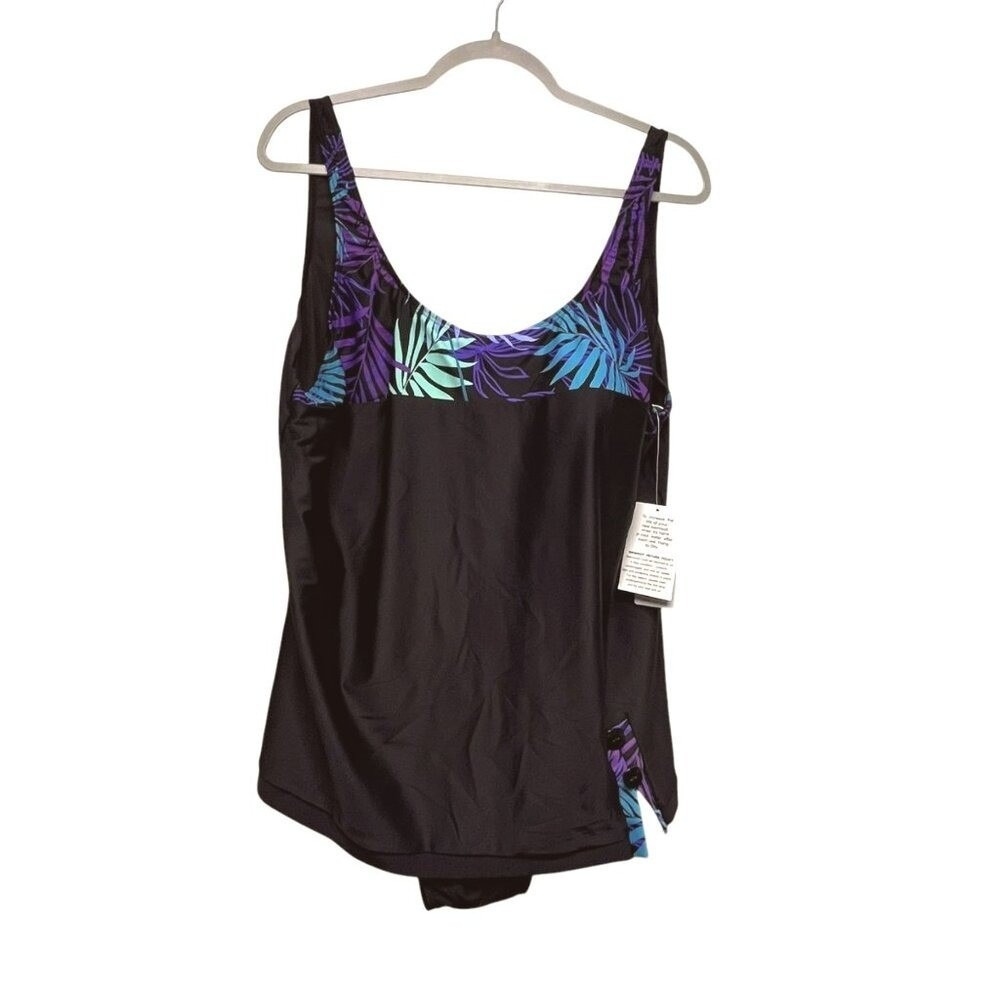 Blair Womens Plus SIze Black Swim Suit 24W Tropical Print Tummy One Piece